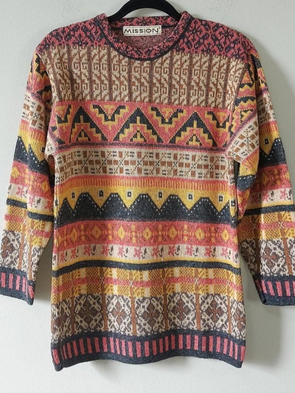 Vtg 80s Mission Unisex Geometric Granny Chic Sweater Small Multicolor Pullover